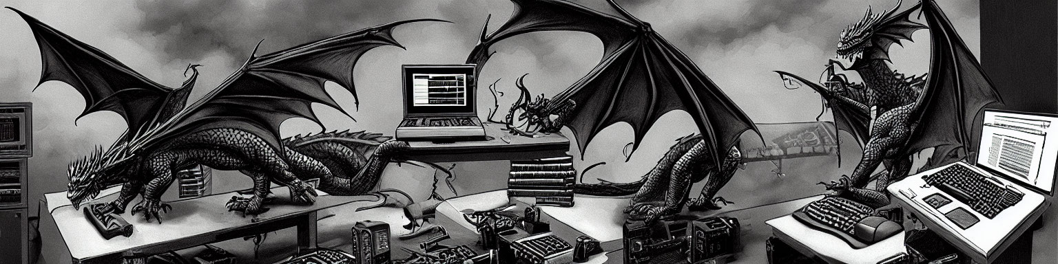 Intricate dragon sculptures in office setup with computers