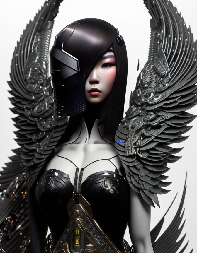 Futuristic female android with black helmet and mechanical wings