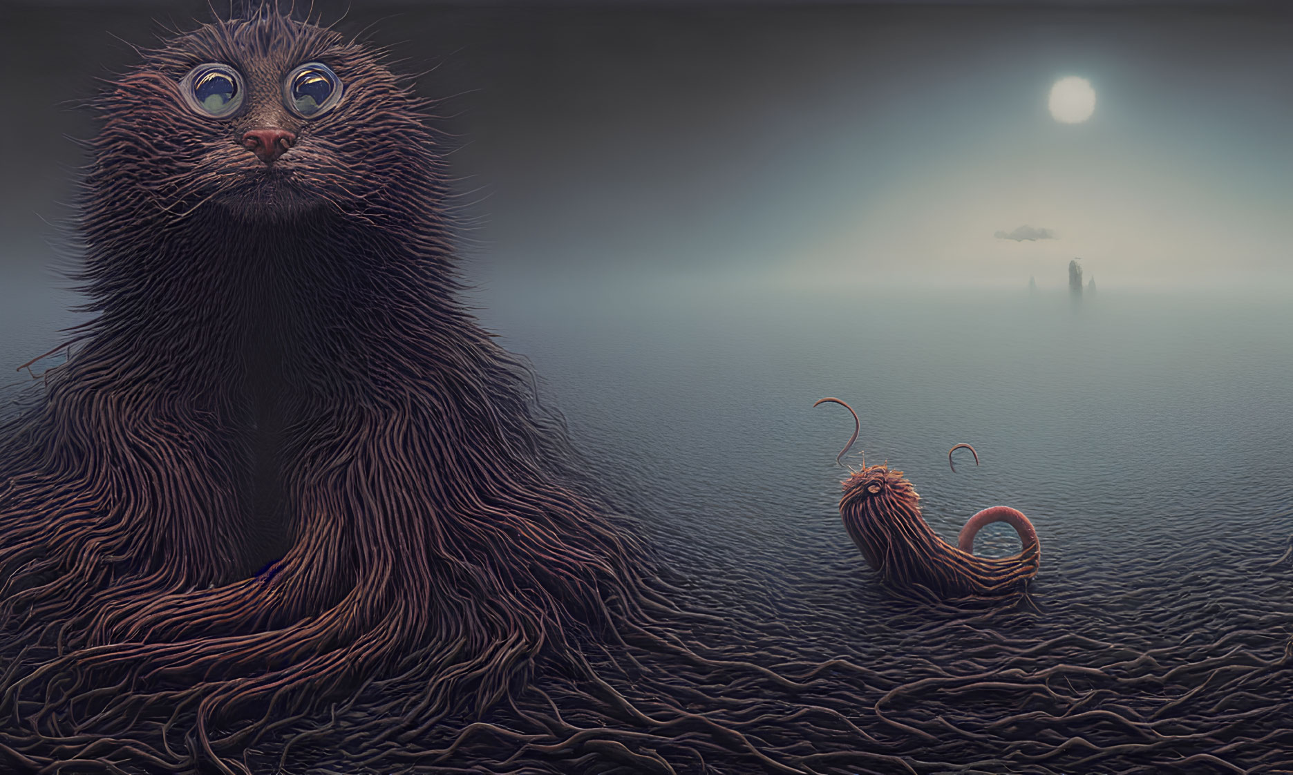 Surrealist image of large furry creature in misty landscape