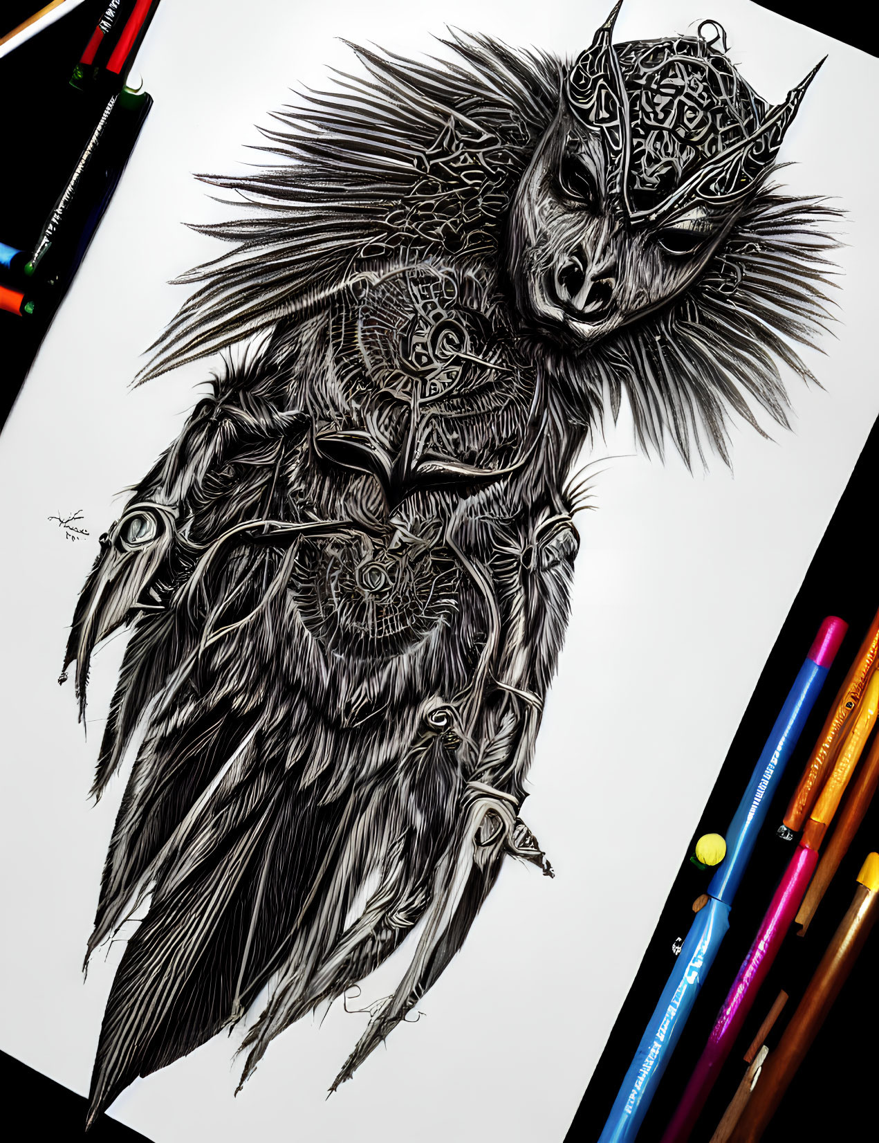 Detailed black ink fantasy creature drawing with wolf-like head and ornate armor, surrounded by colored pencils