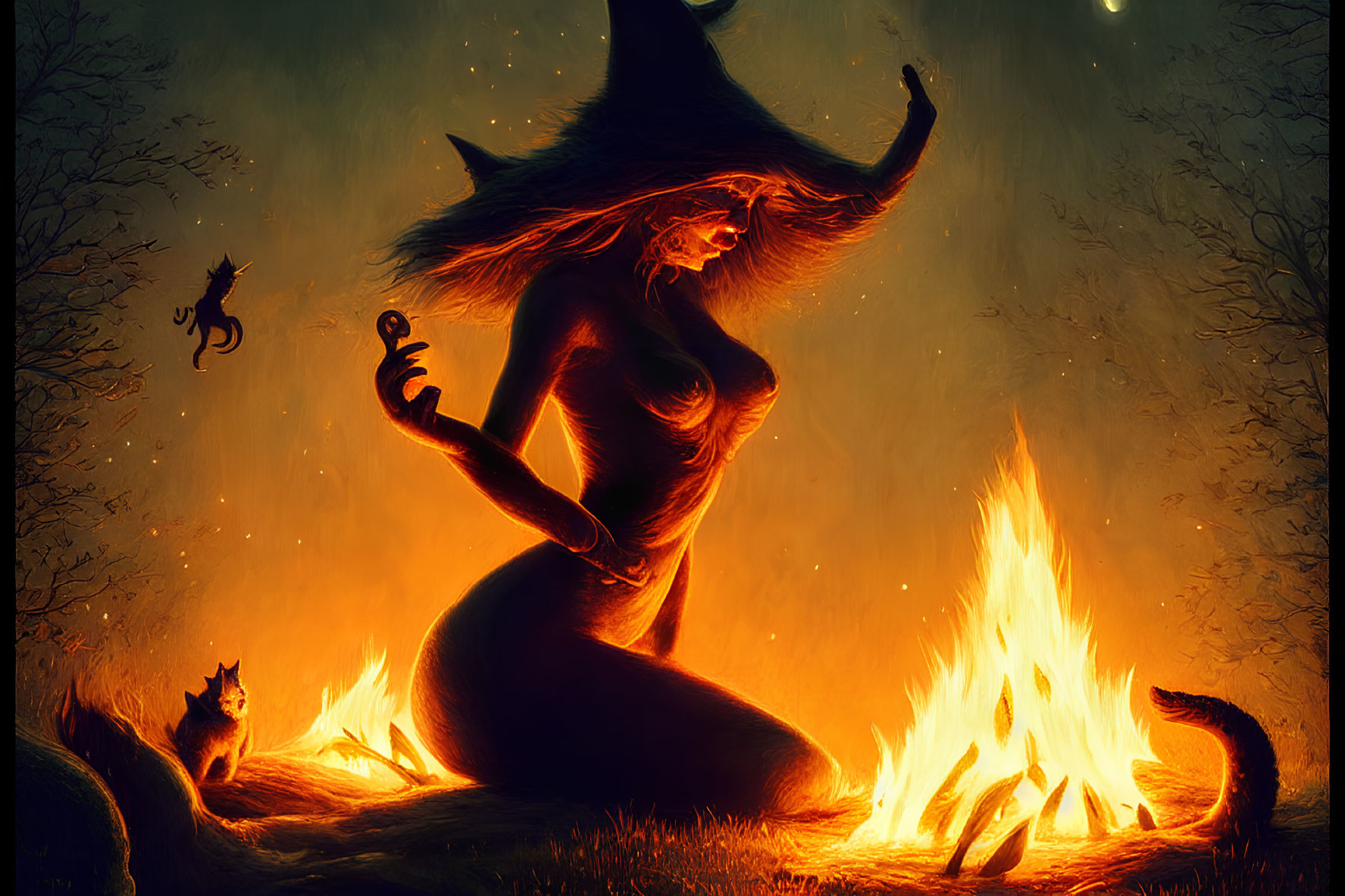 Silhouetted witch-like figure with fiery hair performing ritual in enchanted forest