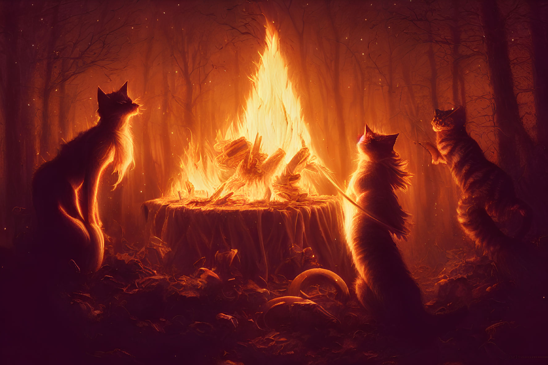 Enigmatic scene: Four mystical cats by blazing fire