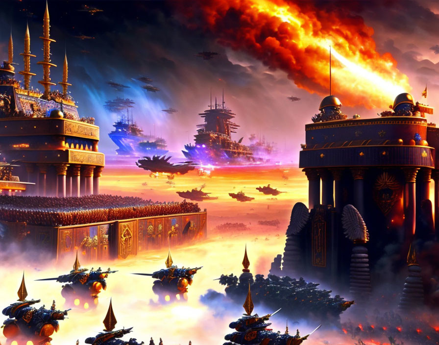 Fantasy landscape with palaces, army, ships, and dramatic sky