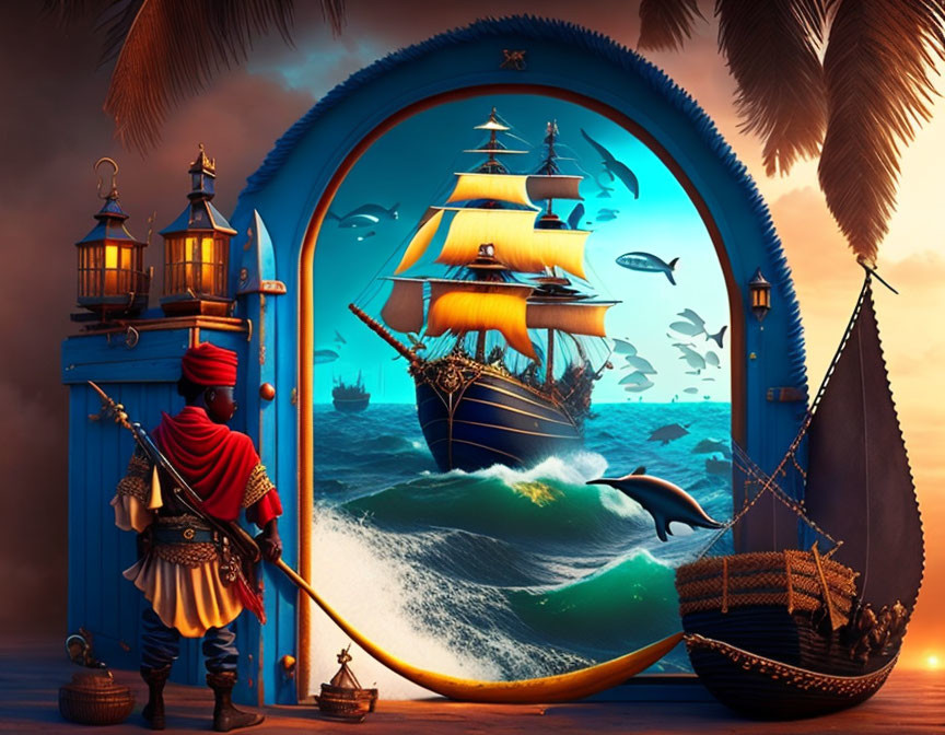 Pirate-themed fantasy artwork with sailing ship, ocean waves, and starry sky