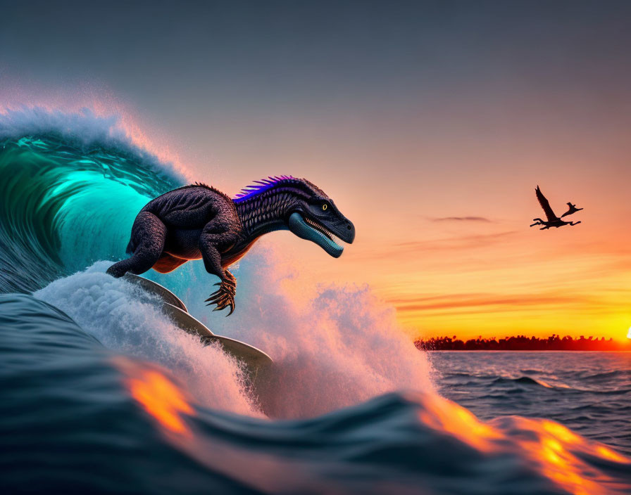 Vibrant sunset with dinosaur surfing wave and bird in digital art