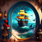 Pirate-themed fantasy artwork with sailing ship, ocean waves, and starry sky