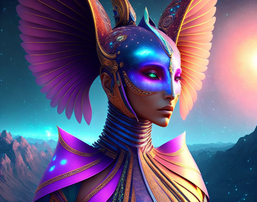 Futuristic digital art portrait of female figure with celestial motifs