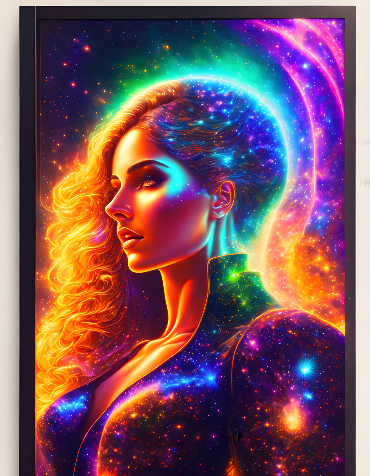 Digital artwork: Cosmic-themed woman with stars, nebulae, and galaxies on vibrant background