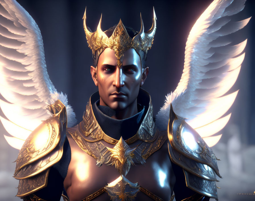 Golden Crowned Figure in Armor with White Wings on Shadowy Background