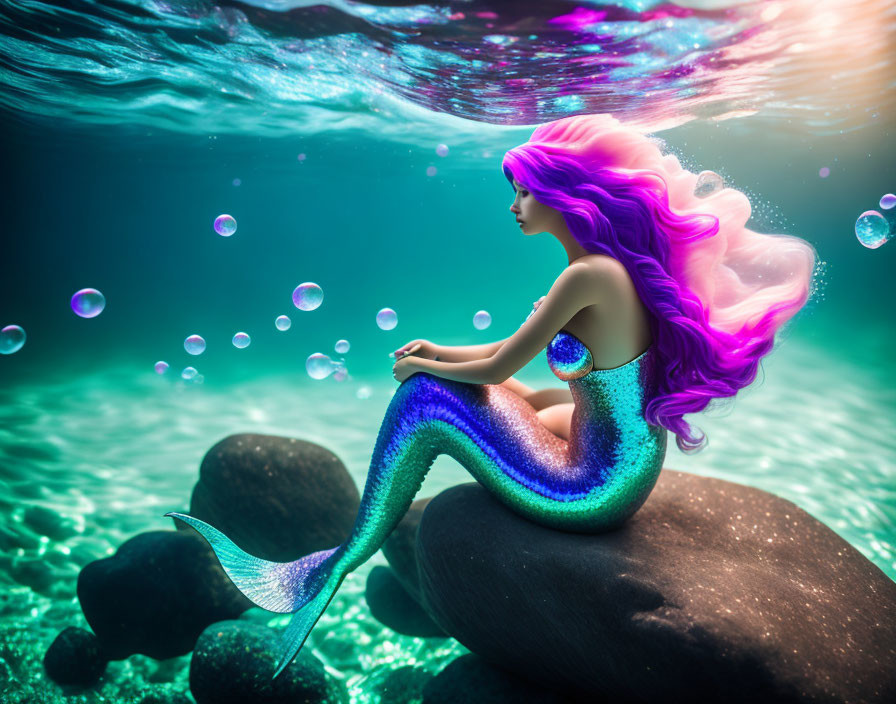 Vibrant purple-haired mermaid on underwater rocks in sunlit sea