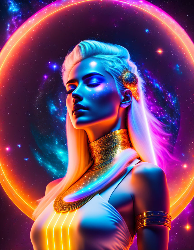 Vibrant digital art: neon-skinned woman with gold jewelry in cosmic setting