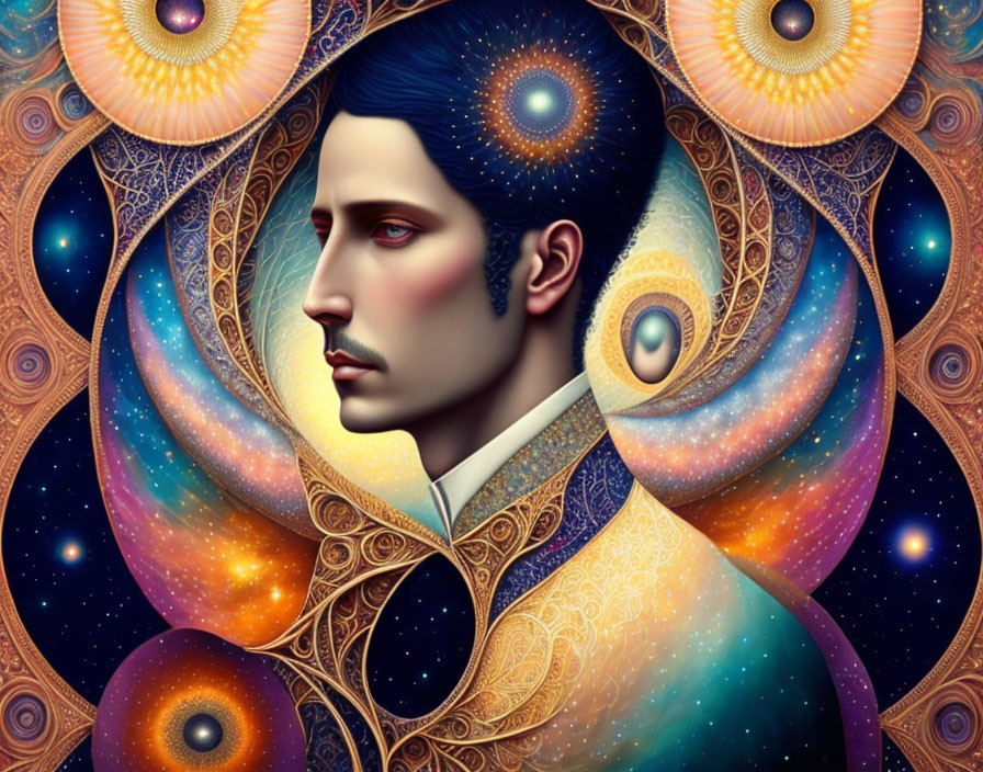 Stylized portrait of man with celestial and art nouveau patterns