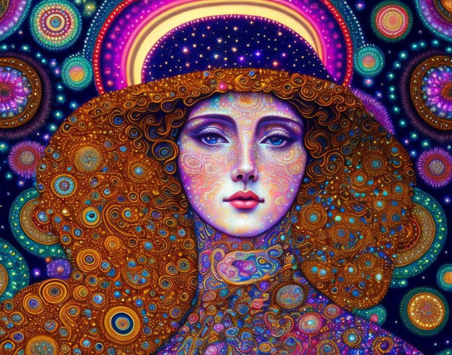 Vibrant digital art: Woman with cosmic and mandala patterns in surreal, psychedelic colors