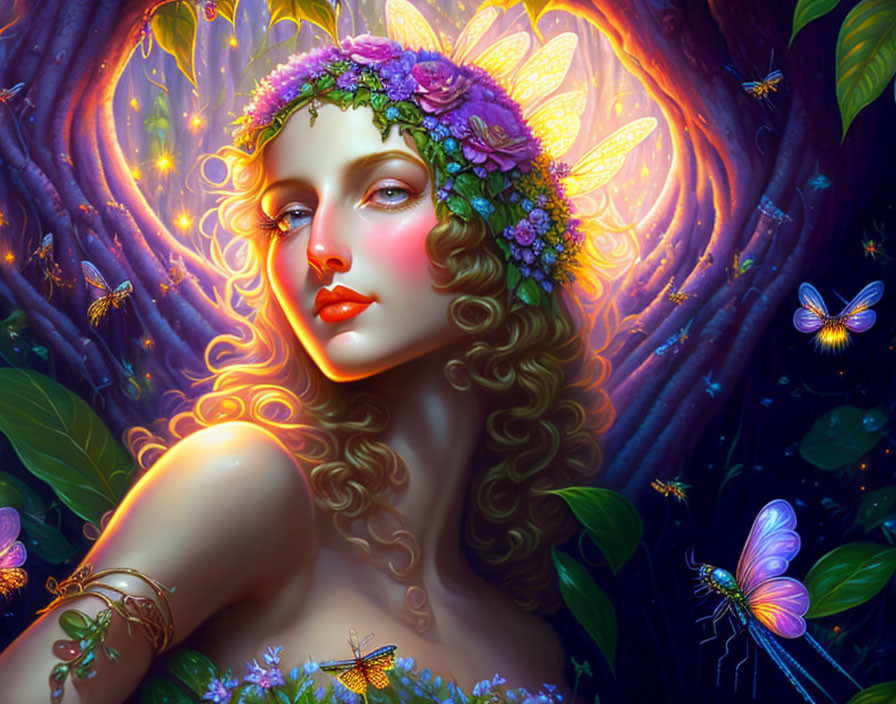 Fantasy portrait of woman with floral wreath and glowing butterflies in enchanted forest