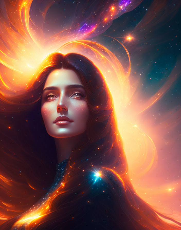 Digital artwork featuring woman with flowing cosmic hair.