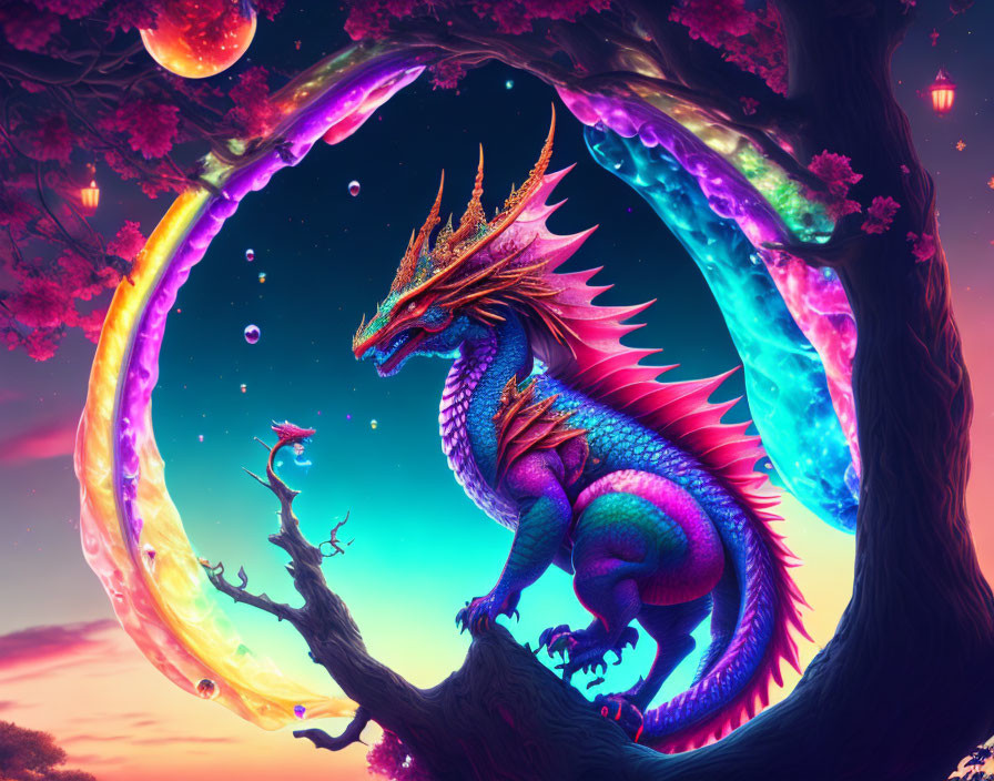 Majestic dragon on tree branch under colorful sky with portal and orbs