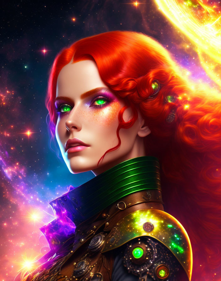 Vibrant red hair woman with cosmic makeup on starry background