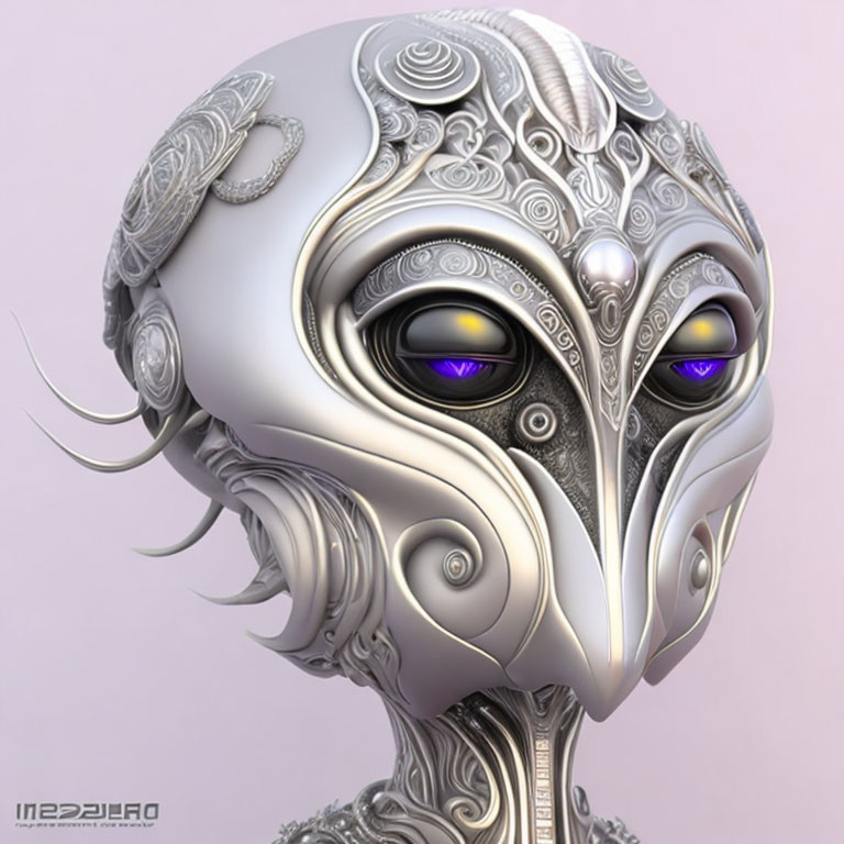 Intricate Silver-Patterned Robot Head with Purple-Lit Eyes