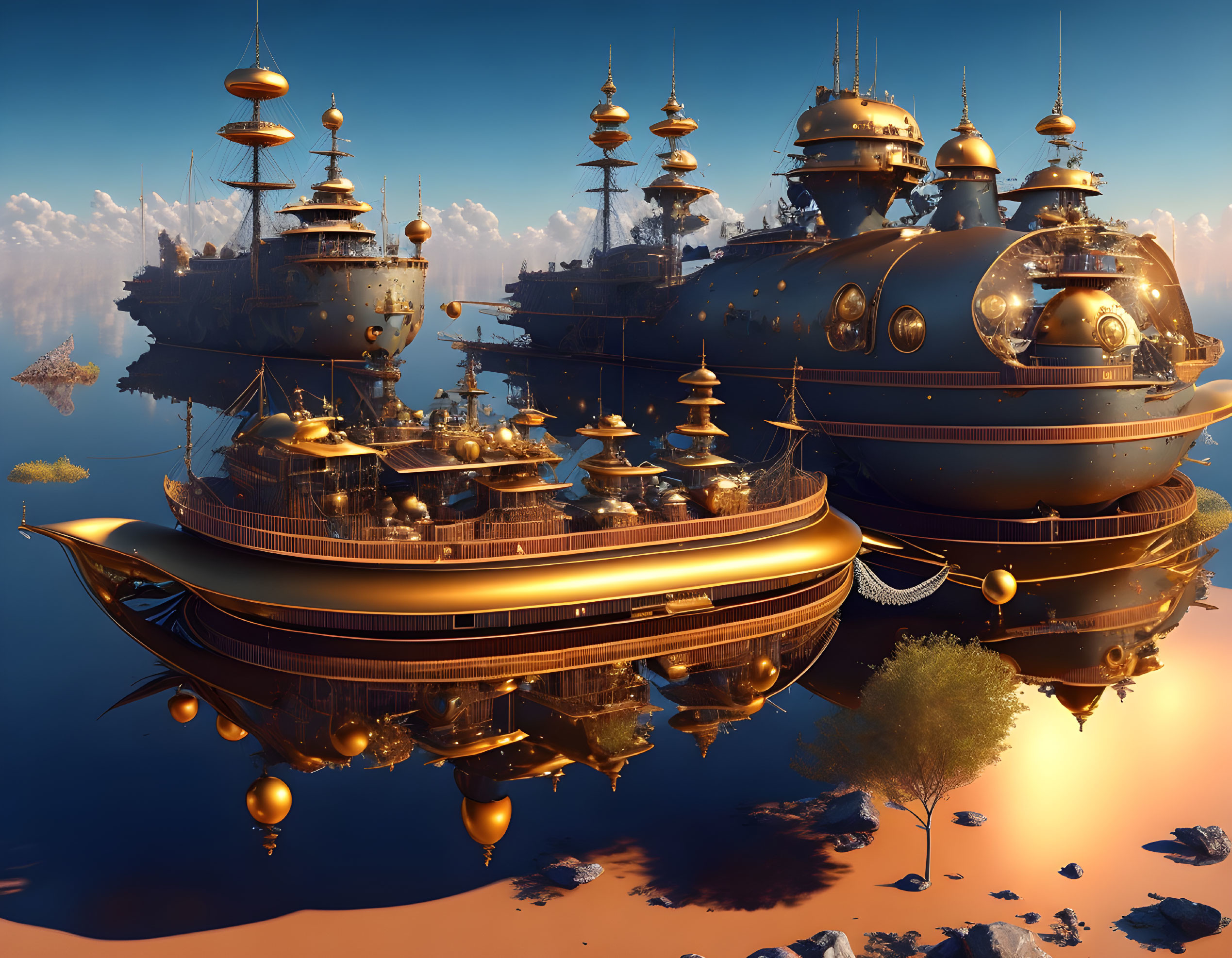 Ornate futuristic airships over desert landscape at sunset