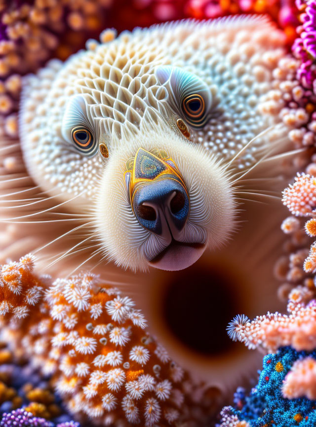 Symmetrical face illustration with marine life textures in vibrant colors