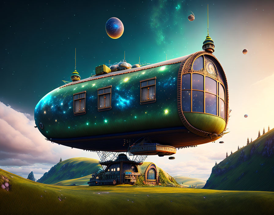 Cosmic airship over fantasy landscape with planet in sky