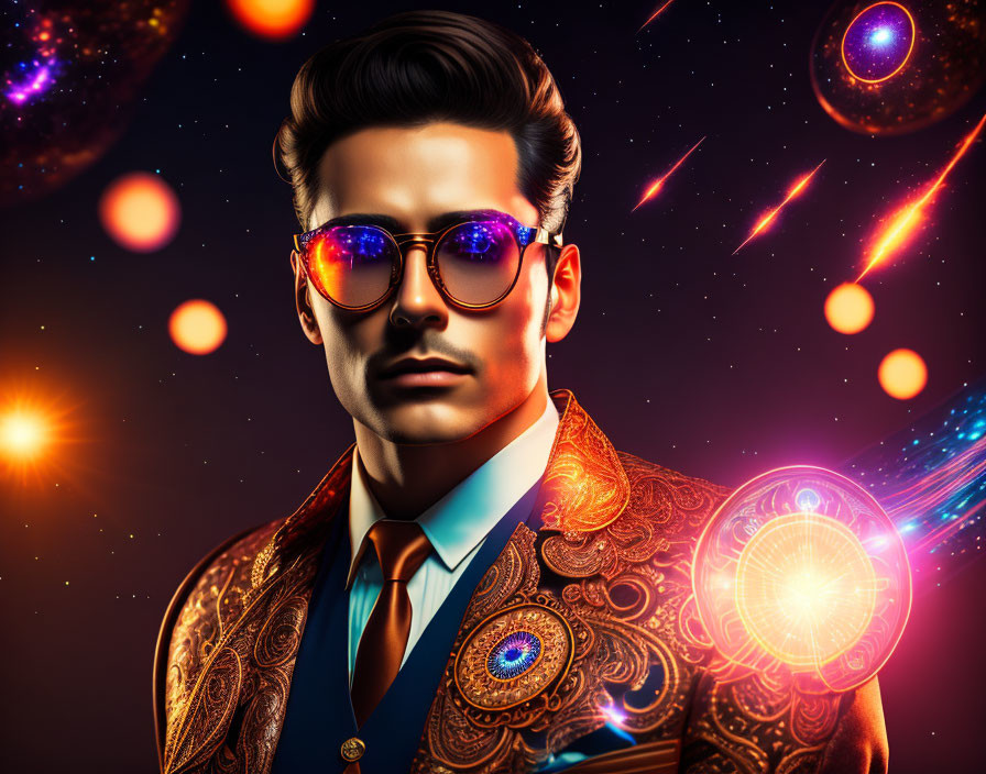 Digital portrait of a man in suit with cosmic patterns against space backdrop