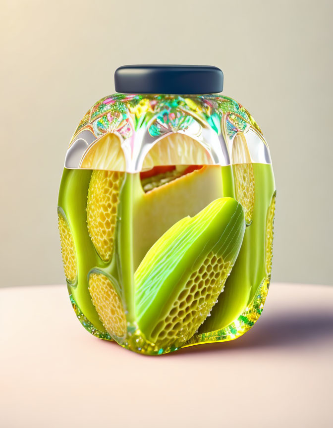 Colorful Citrus and Corn Motif Glass Jar with Metallic Lid on Neutral Background