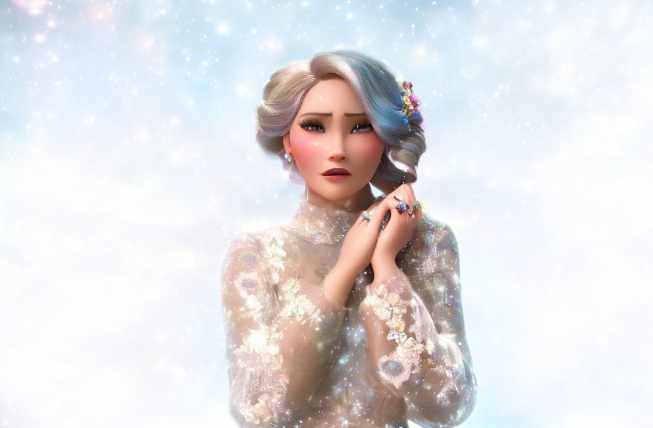 Animated woman with braided hair in sparkling dress among snowflakes