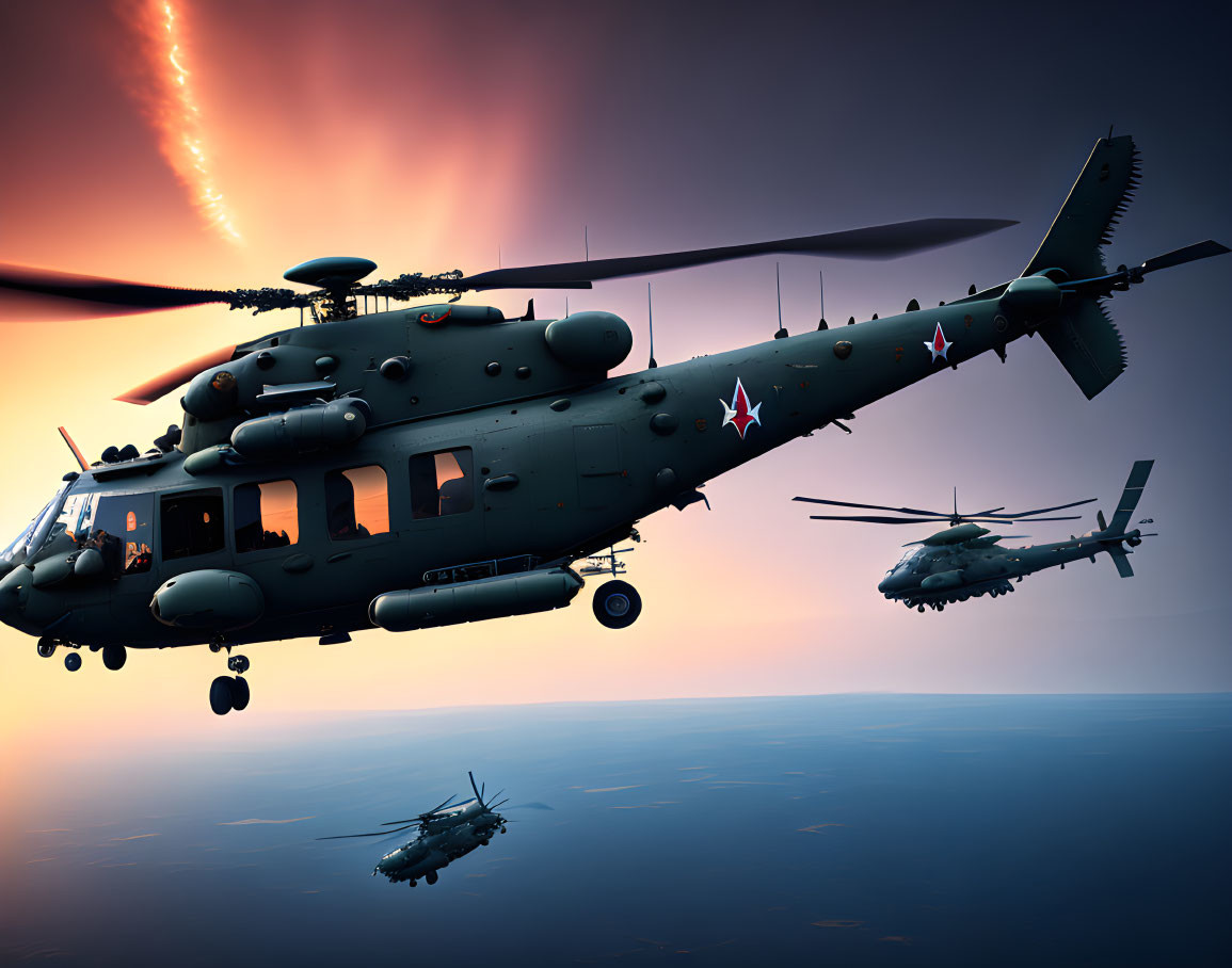 Military helicopters in formation against dramatic dusk sky