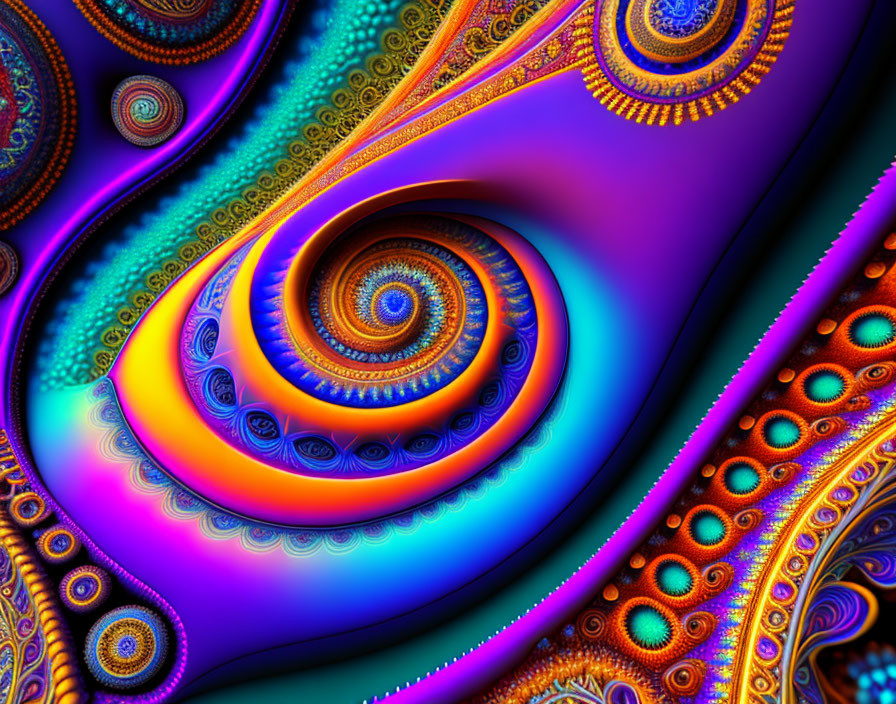 Colorful fractal art with swirling blue, purple, and gold patterns