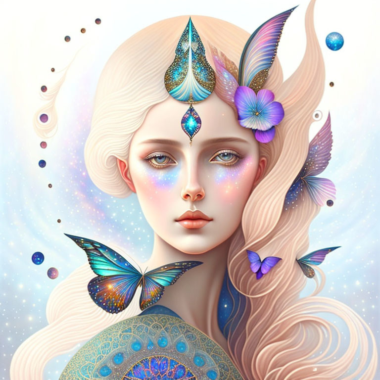 Ethereal female figure with blonde hair, flowers, butterflies, and jewels.