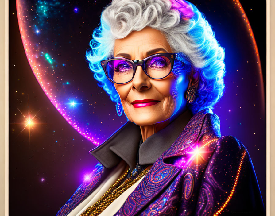 Elderly Lady in Stylish Glasses and Cosmic Outfit on Starry Space Background