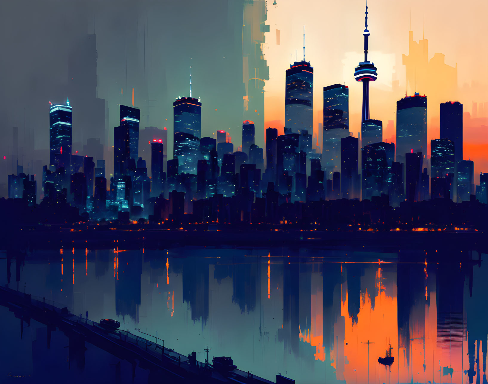 City skyline at dusk: Stylized digital artwork of skyscrapers reflected on water