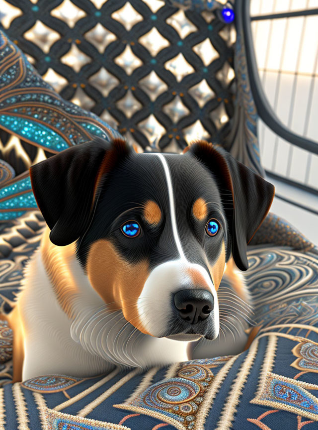 Realistic 3D illustration of brown and white dog with blue eyes on patterned cushion by lattice