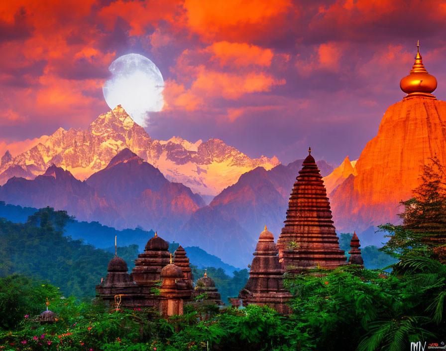 Majestic landscape with pagodas, forest, mountains, and full moon