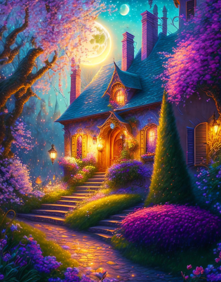 Moonlit Garden Cottage with Luminous Windows & Purple Flora