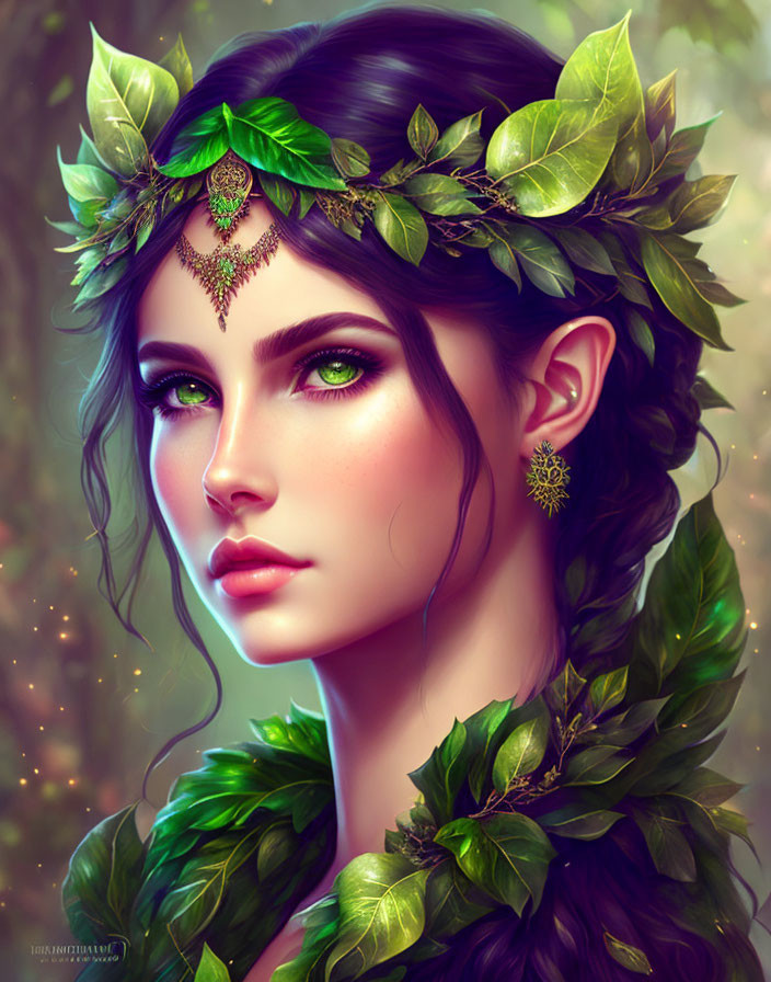 Digital portrait of woman with green eyes in leaf crown and jewelry on nature backdrop