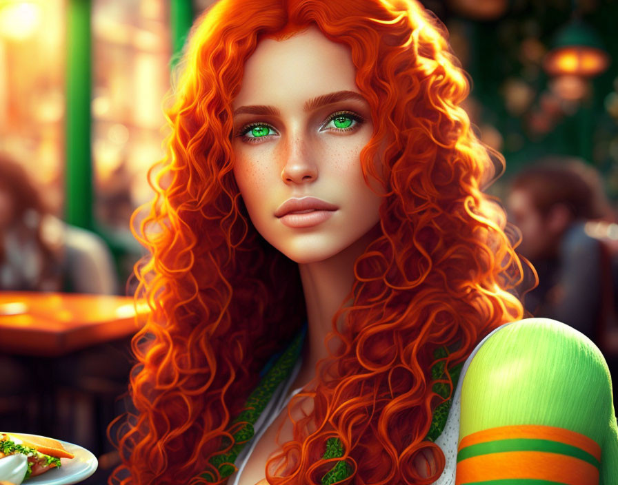 Woman with Vibrant Red Curly Hair and Green Eyes in Sunlit Cafe