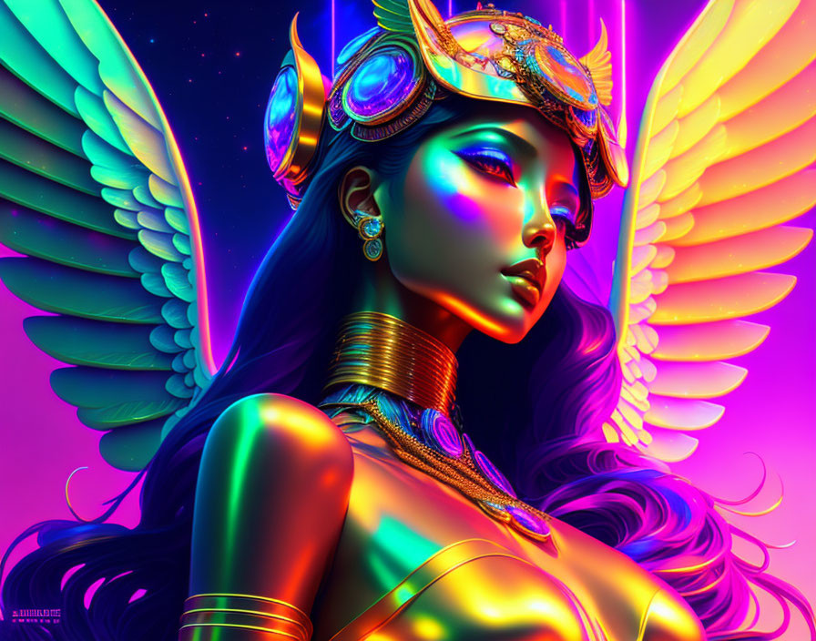 Colorful illustration of woman with blue skin and gold jewelry on neon magenta backdrop.