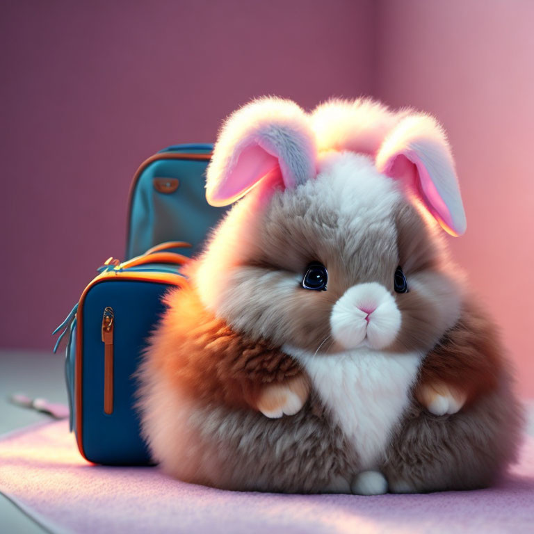 Digital illustration of bunny with cat-like features in front of turquoise bag on soft purple backdrop