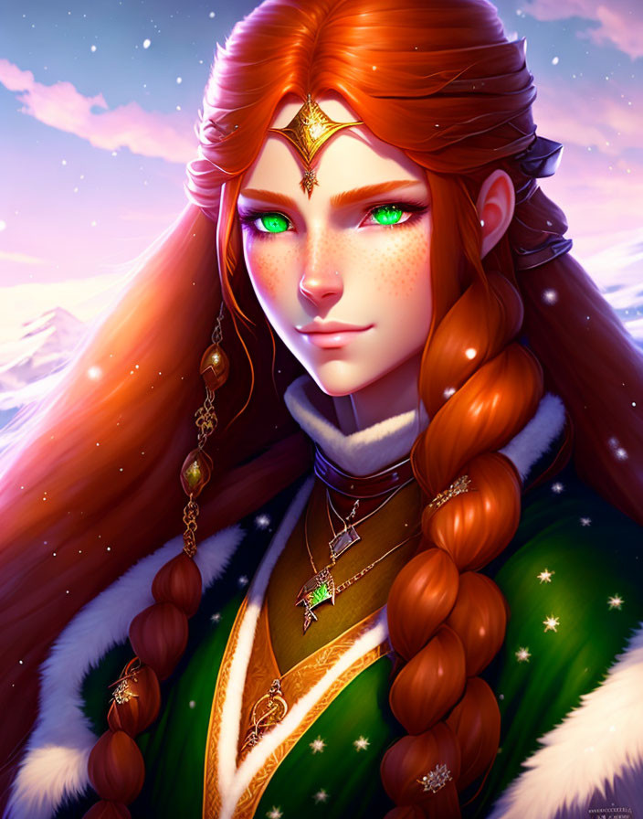 Red-haired Woman with Green Eyes in Fur Cloak Against Snowy Mountain