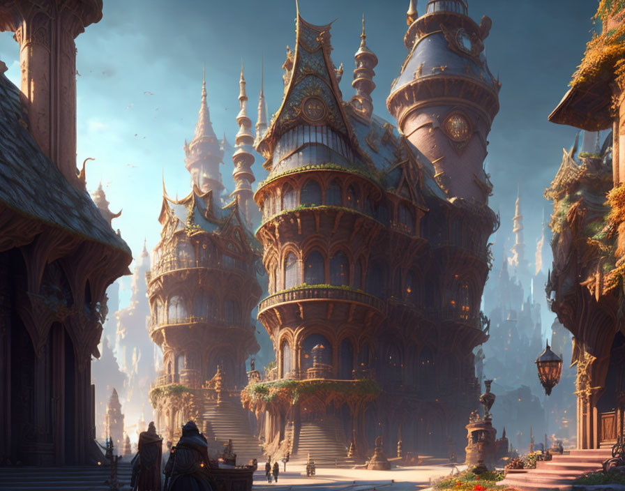 Fantastical cityscape with ornate spires and intricate details under warm light