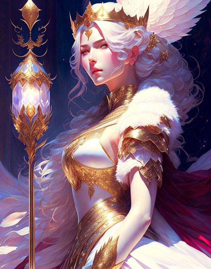 Fantasy character with white hair, golden crown, armor, staff, wings, and dark backdrop