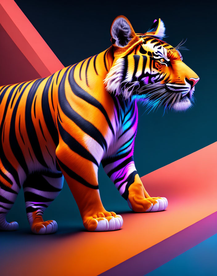 Colorful Tiger Artwork Against Geometric Background in Orange, Black, and White