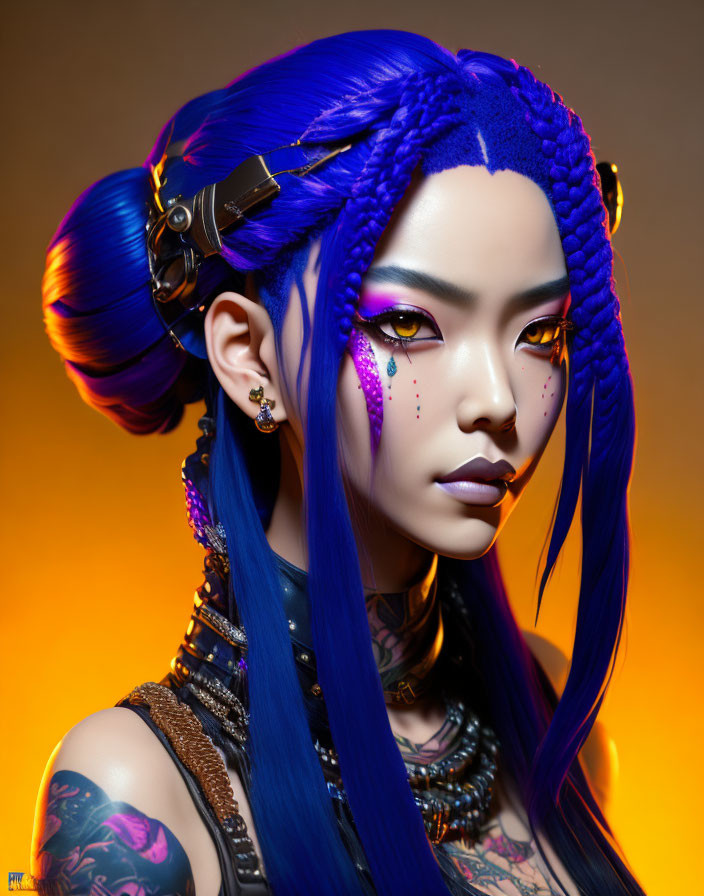 Vivid Blue Hair Woman Portrait with Tattoos and Makeup