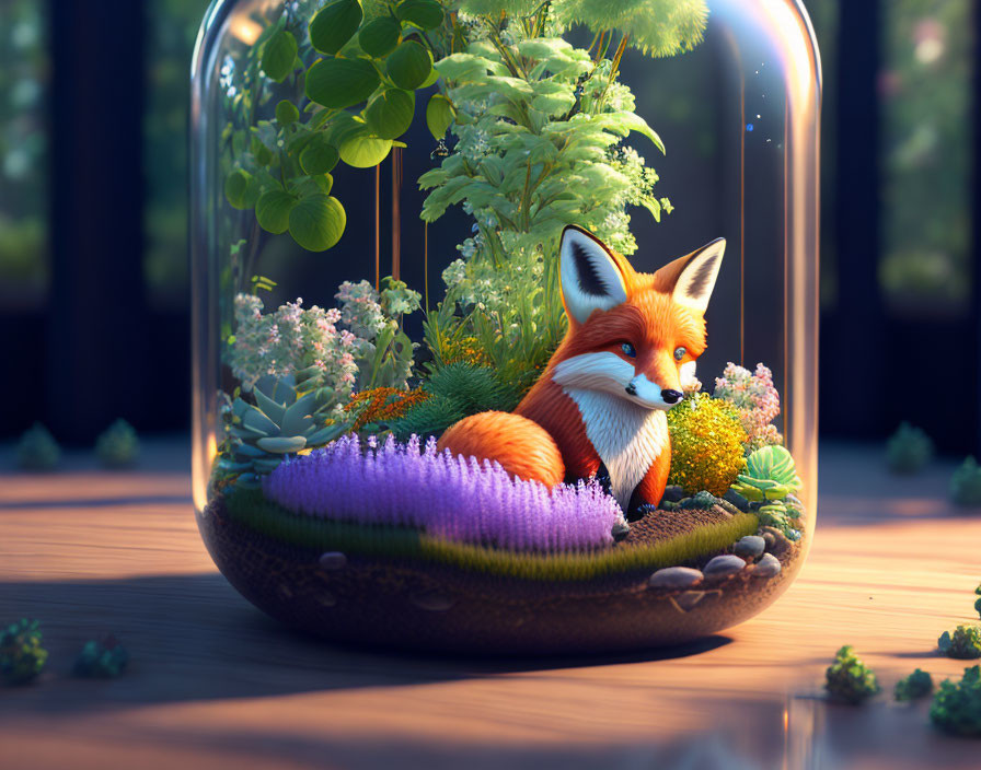 Red Fox Relaxing in Terrarium Garden Under Soft Lighting