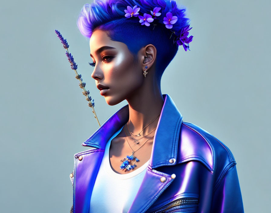 Stylized image of person with blue hair and leather jacket against light background