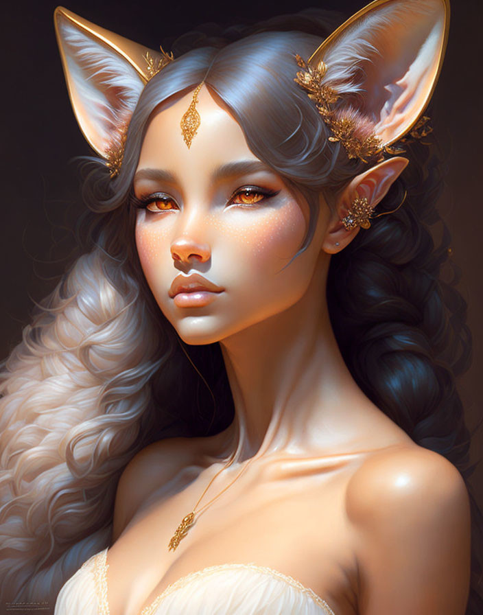 Fantasy portrait featuring woman with cat-like ears and golden jewelry