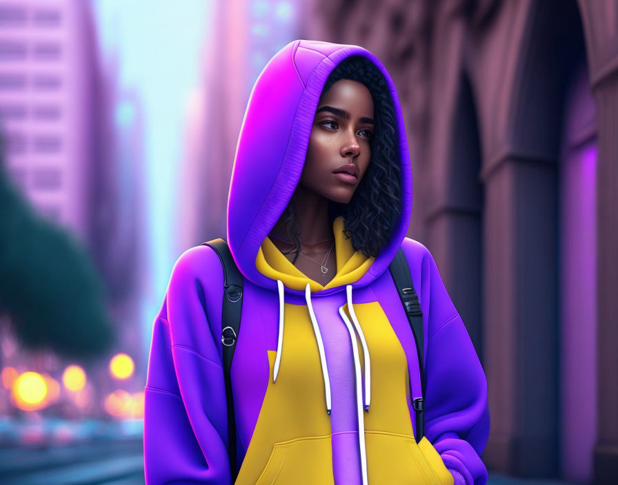 Digital artwork of a woman in purple and yellow hoodie on city street at dusk