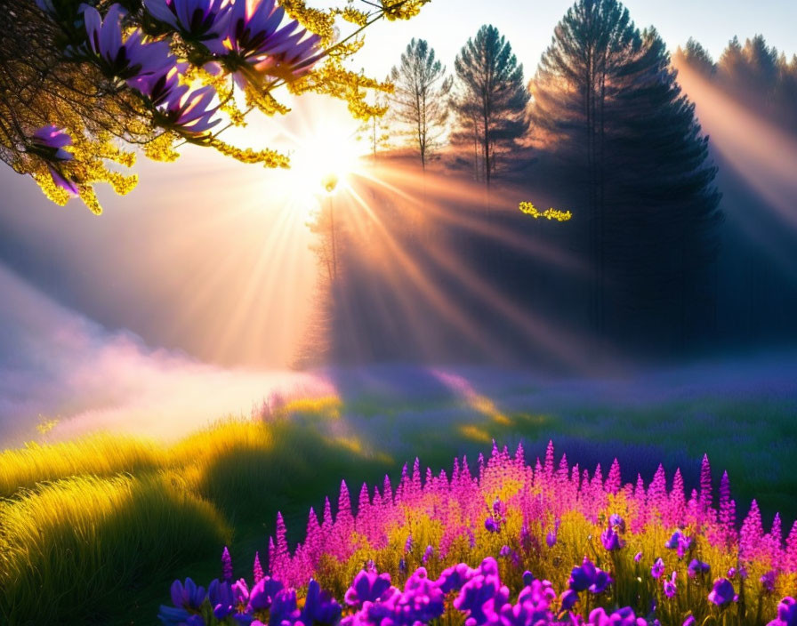 Misty forest sunrise with purple wildflowers and sunbeams